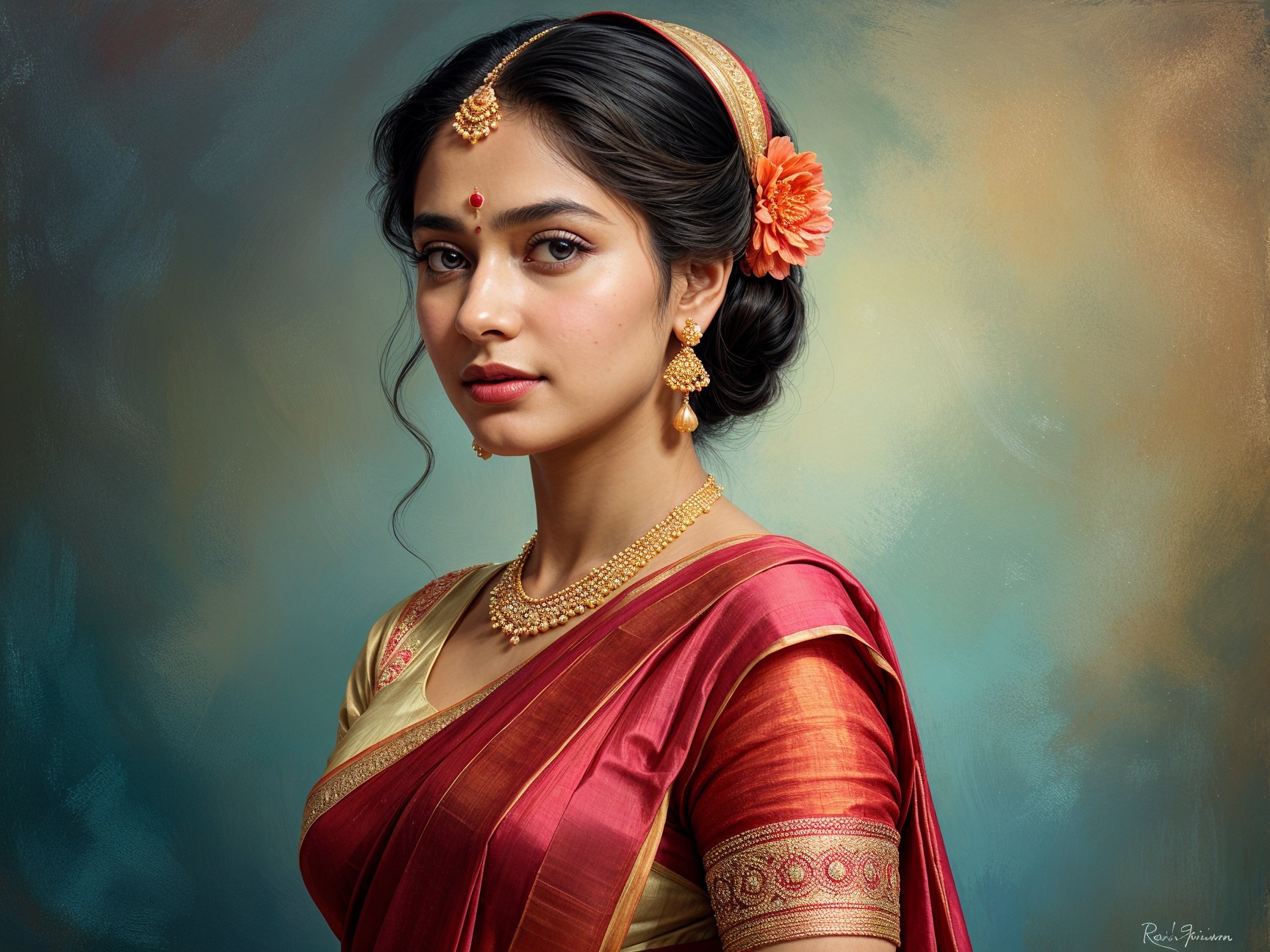 Young woman in silk saree with jewelry and floral accent