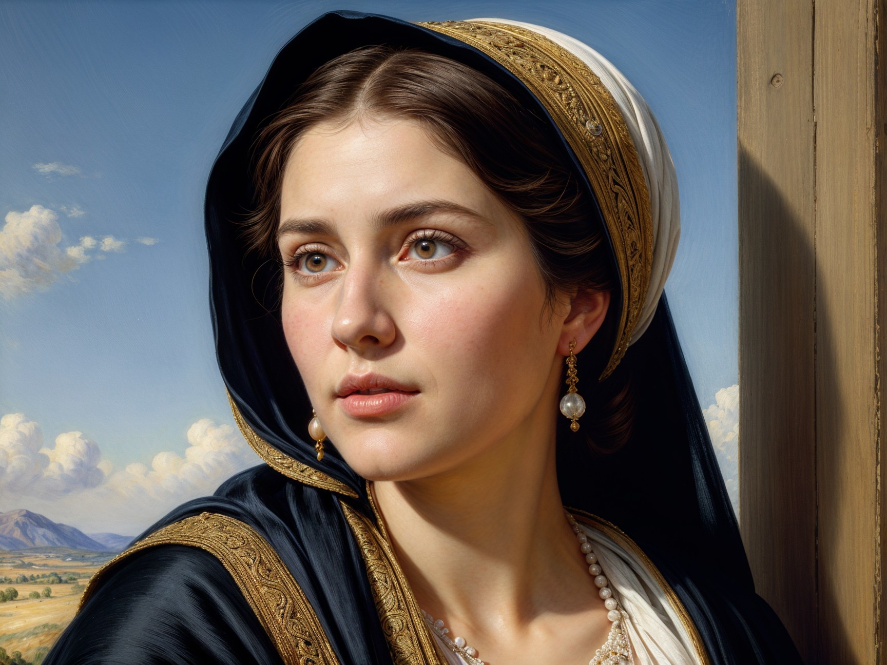 Young Woman in Elegant Cloak Amidst Scenic Landscape