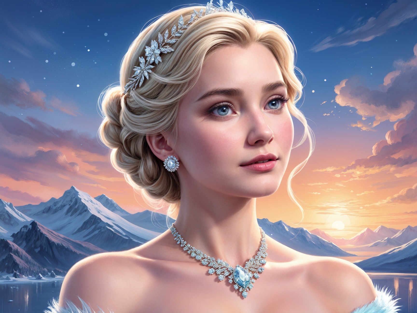 Young Woman in Tiara Against Mountain Sunset