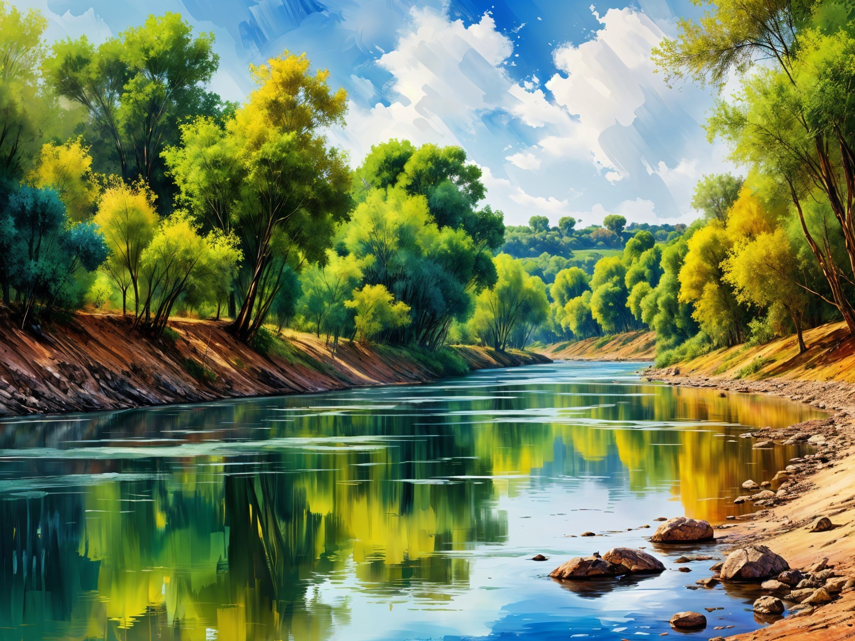 Tranquil River in Lush Green Landscape with Blue Sky