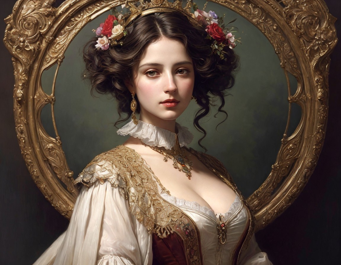 Young Woman in Historical Attire within Gilded Frame