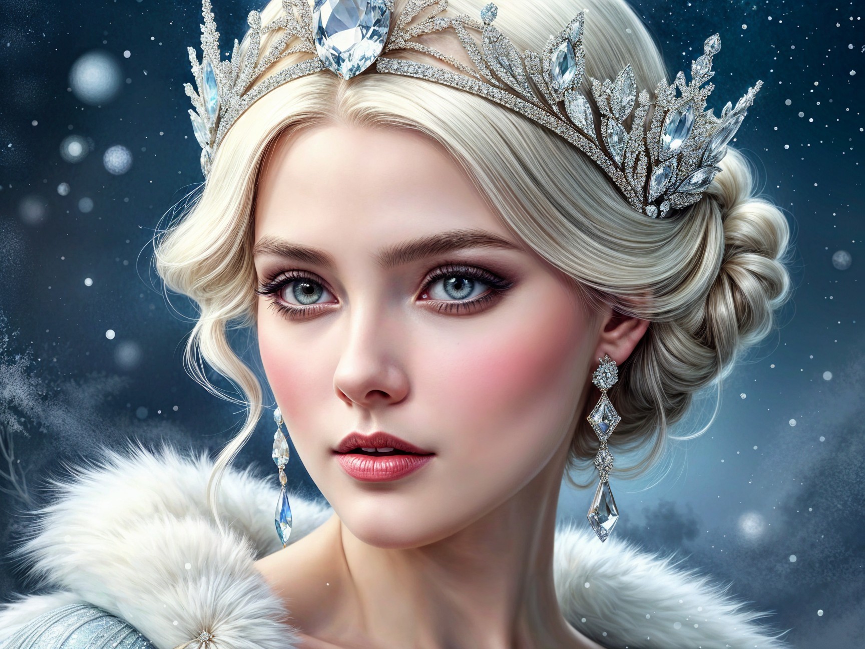 Regal Woman with Platinum Hair in Winter Setting