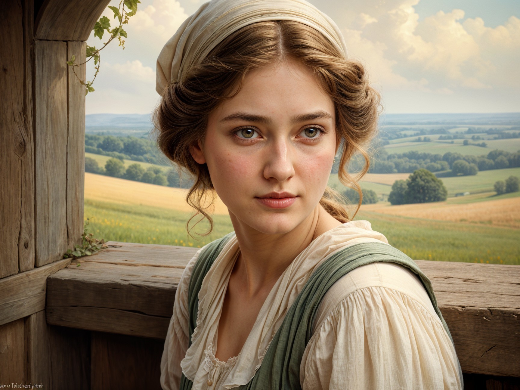 Young Woman Gazing from Rustic Window with Scenic View