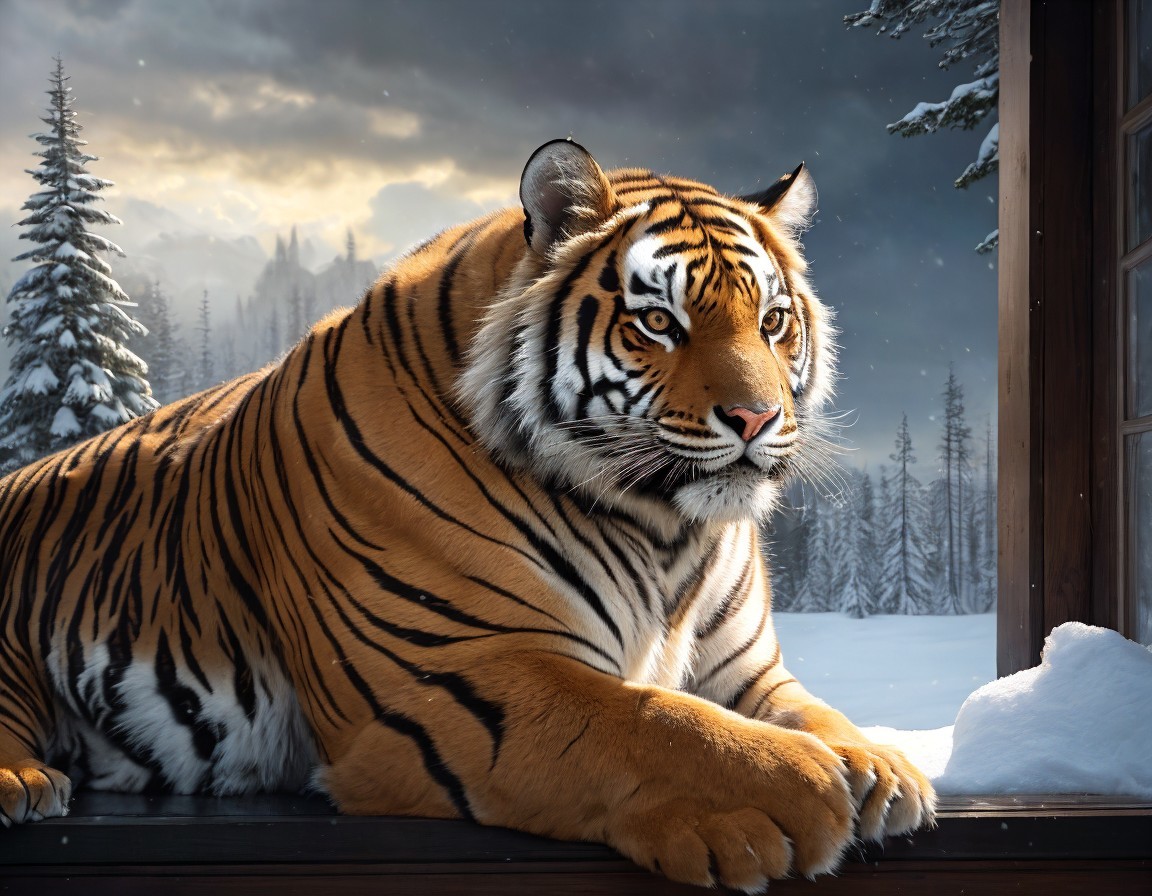 Majestic tiger by snowy window with pine trees.