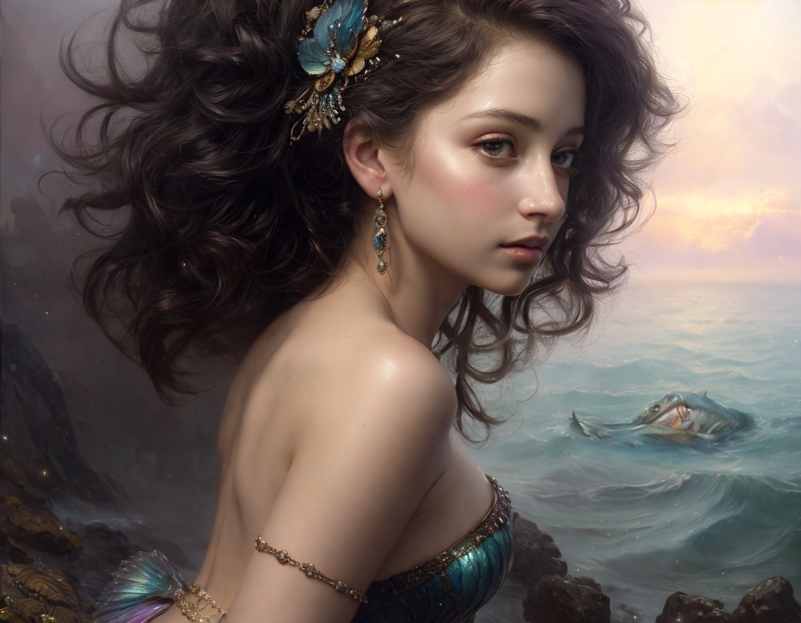 Digital painting of woman with wavy hair and sea-themed jewelry in serene seascape with dolphin.