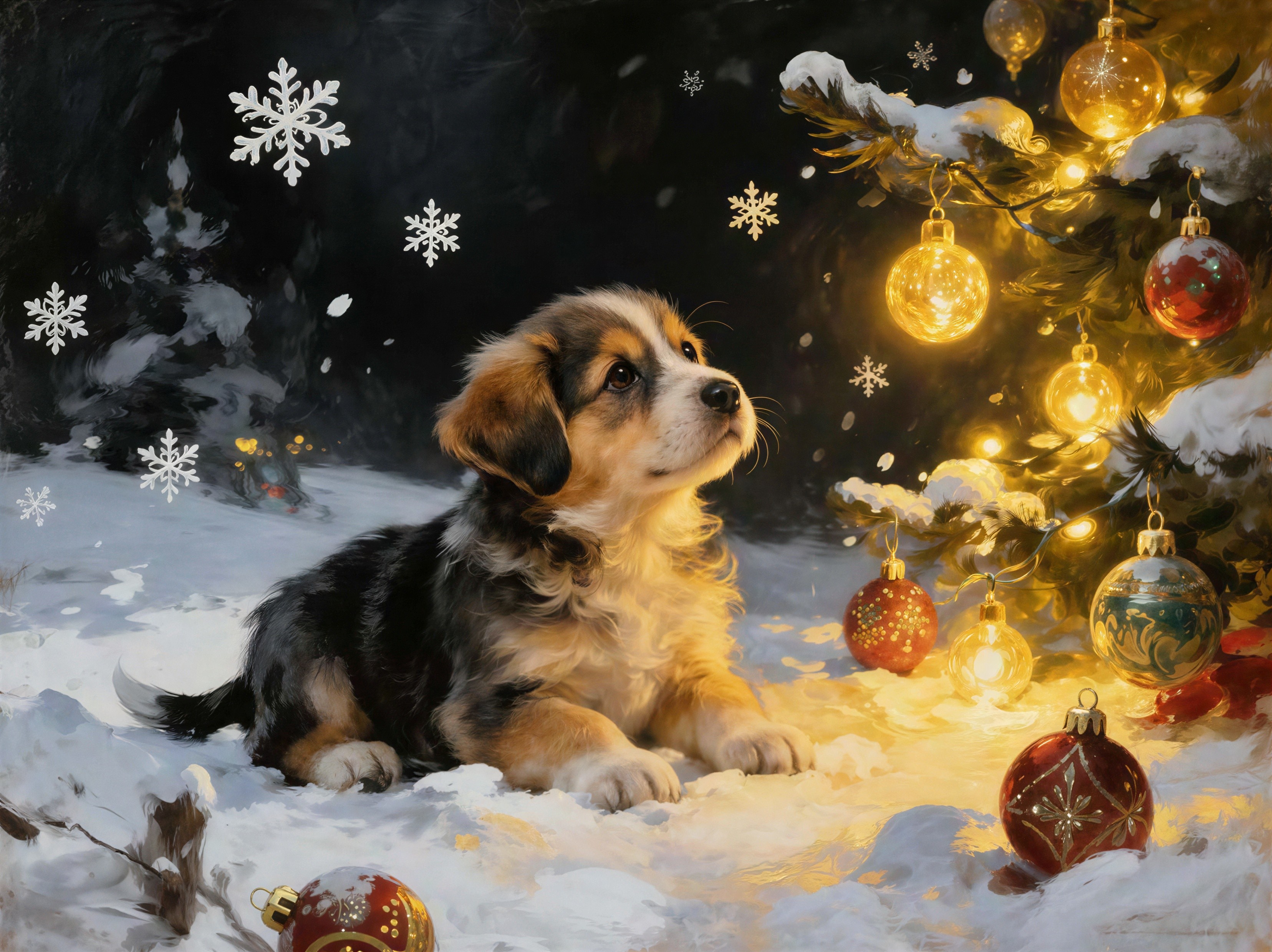 Close-up of a tricolor puppy with Christmas decor