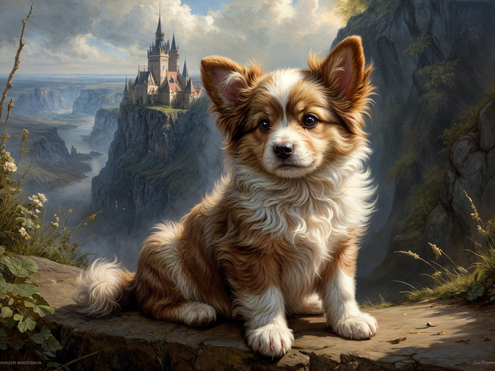 Fluffy Dog on Rocky Ledge with Castle and Valley View