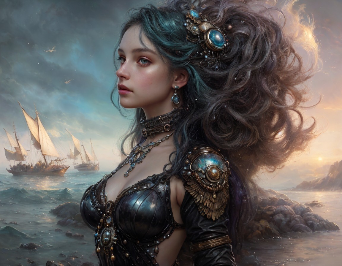 Fantasy Portrait of Woman in Armor with Sunset Background