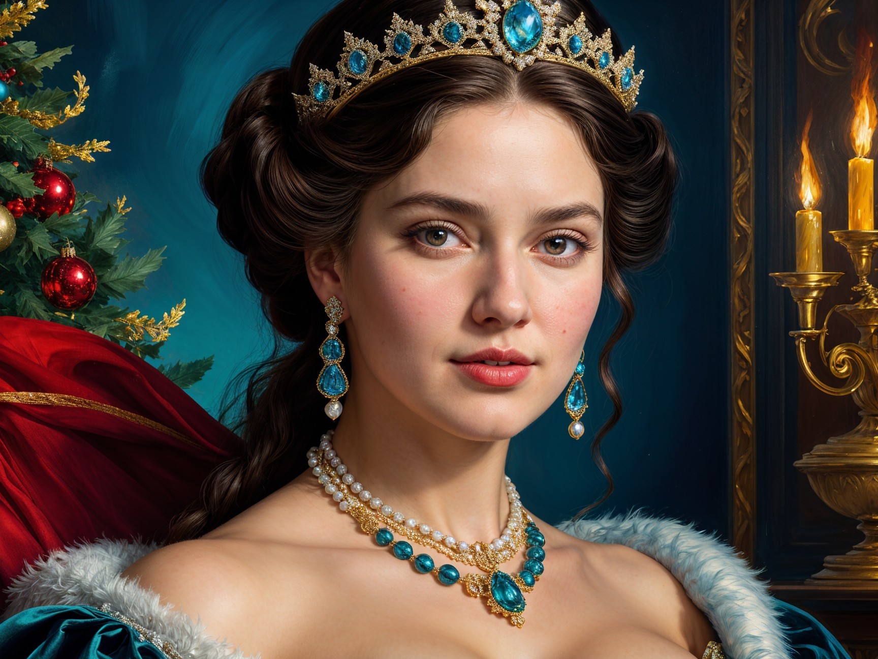 Regal Woman with Crown and Festive Christmas Decor