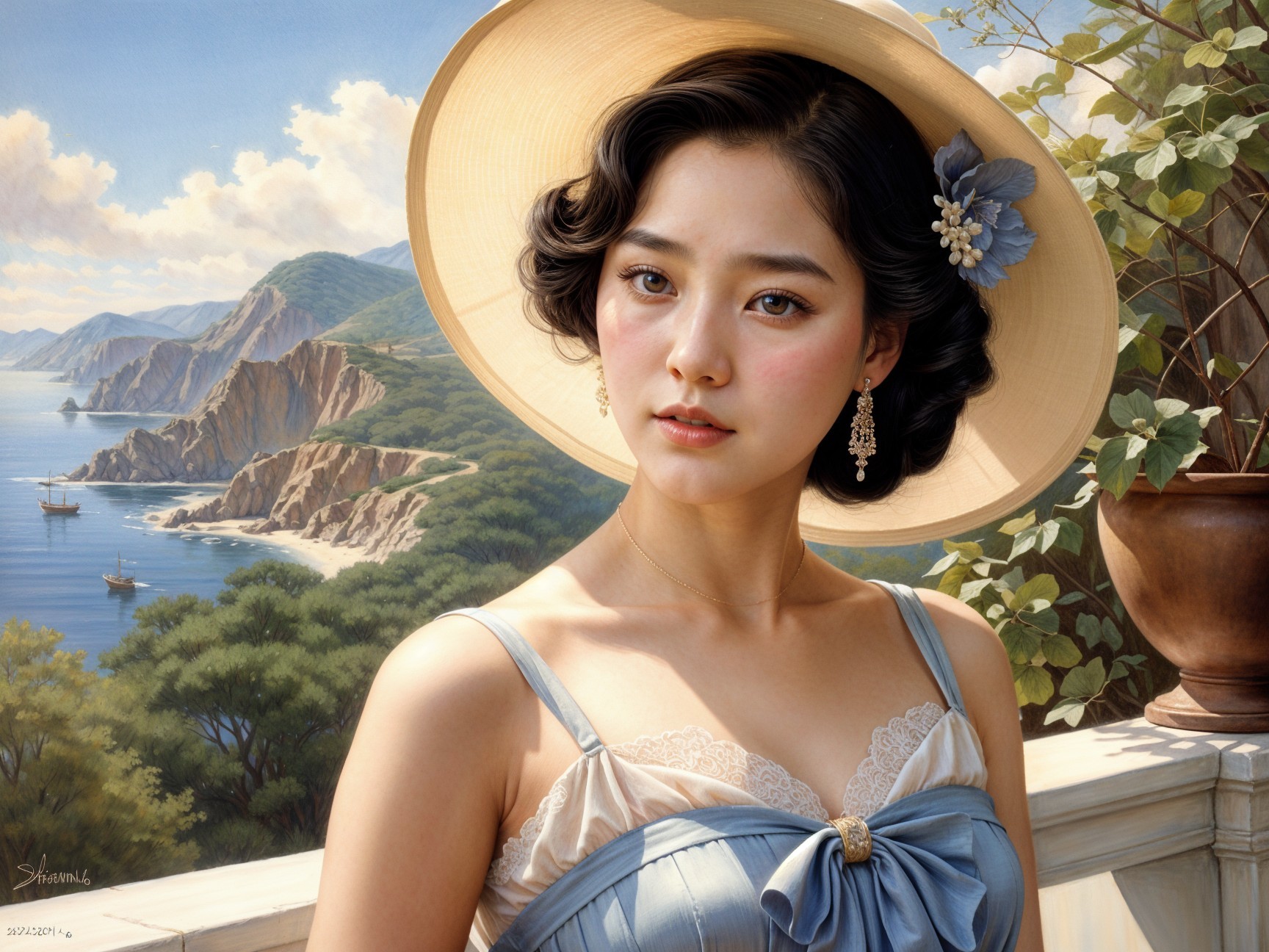 Young woman in blue dress with coastal landscape backdrop