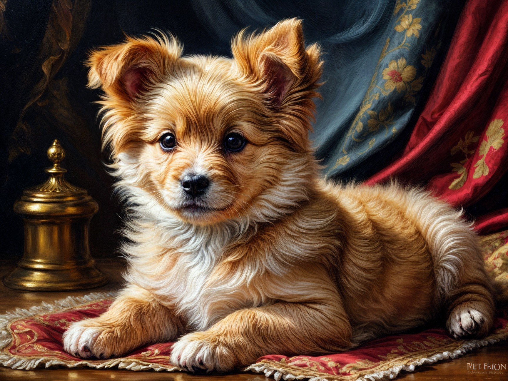 Fluffy Caramel Puppy on Ornate Red and Gold Rug