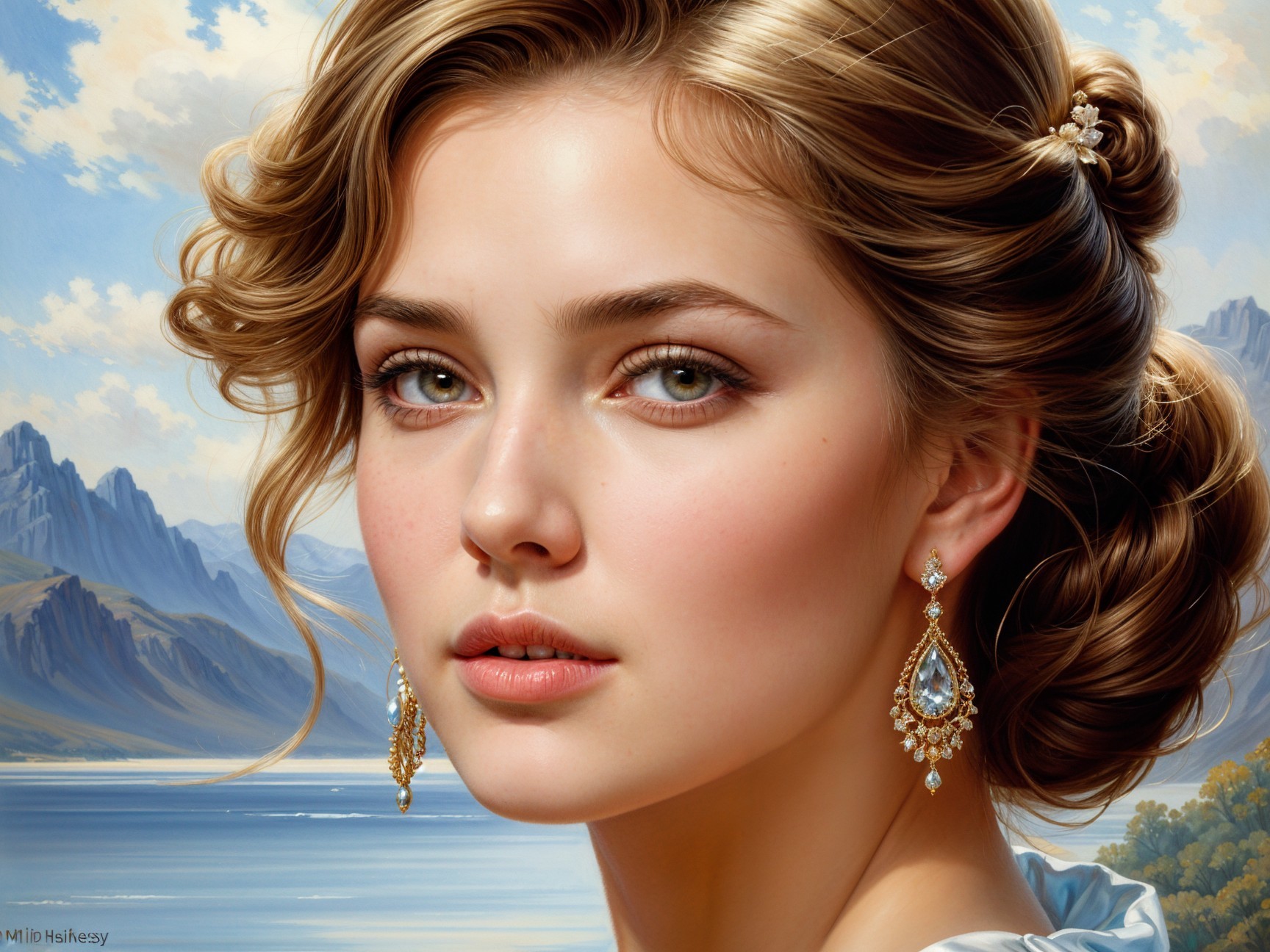 Young woman with wavy hair in a serene landscape