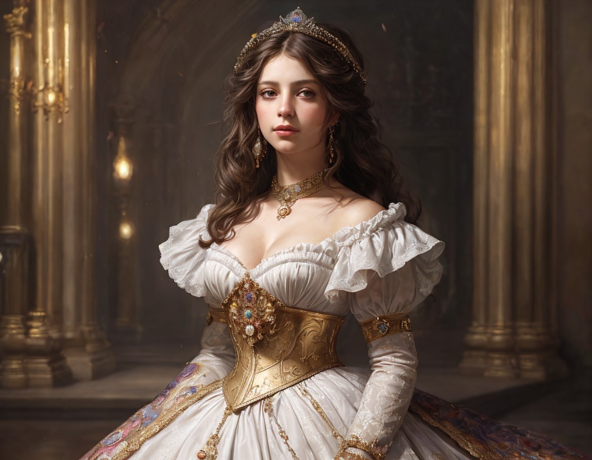 Regal woman in white and gold gown with tiara in royal setting