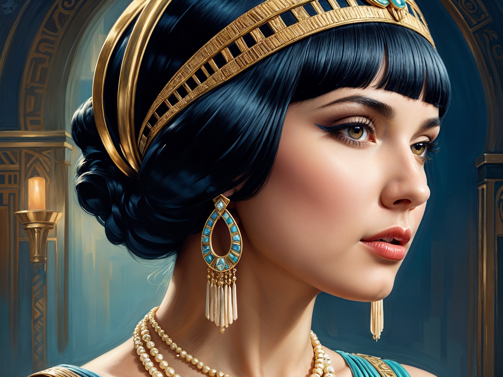 Young Woman in Historical Attire with Golden Headpiece