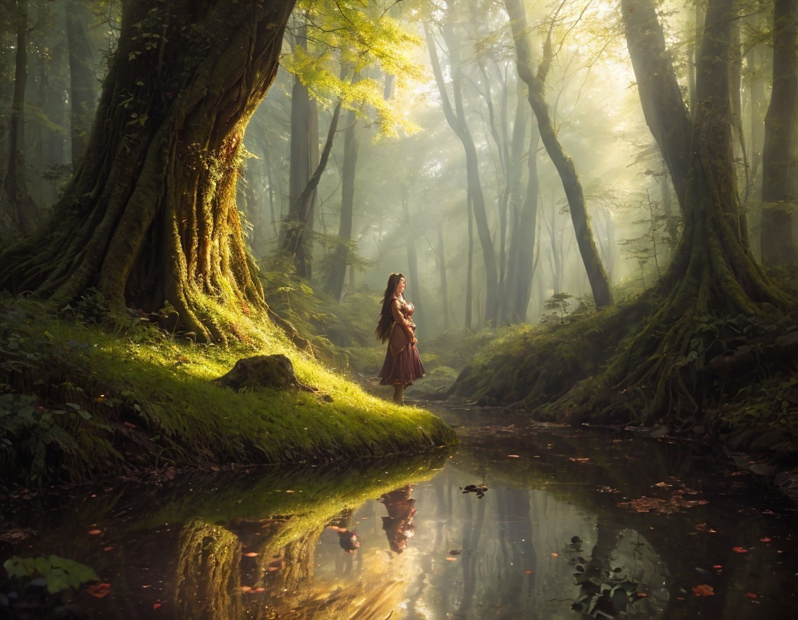 Woman in Red Dress by Serene Forest Stream