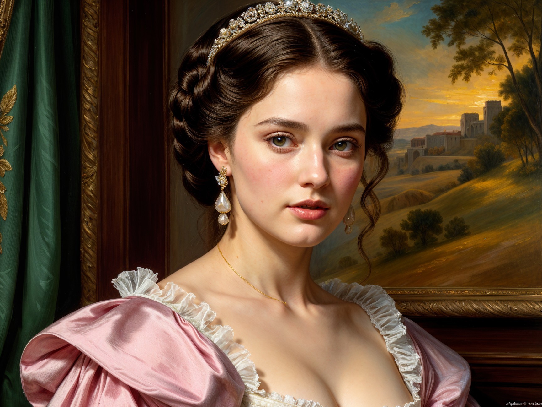 Young Woman in Pink Gown with Tiara and Landscape