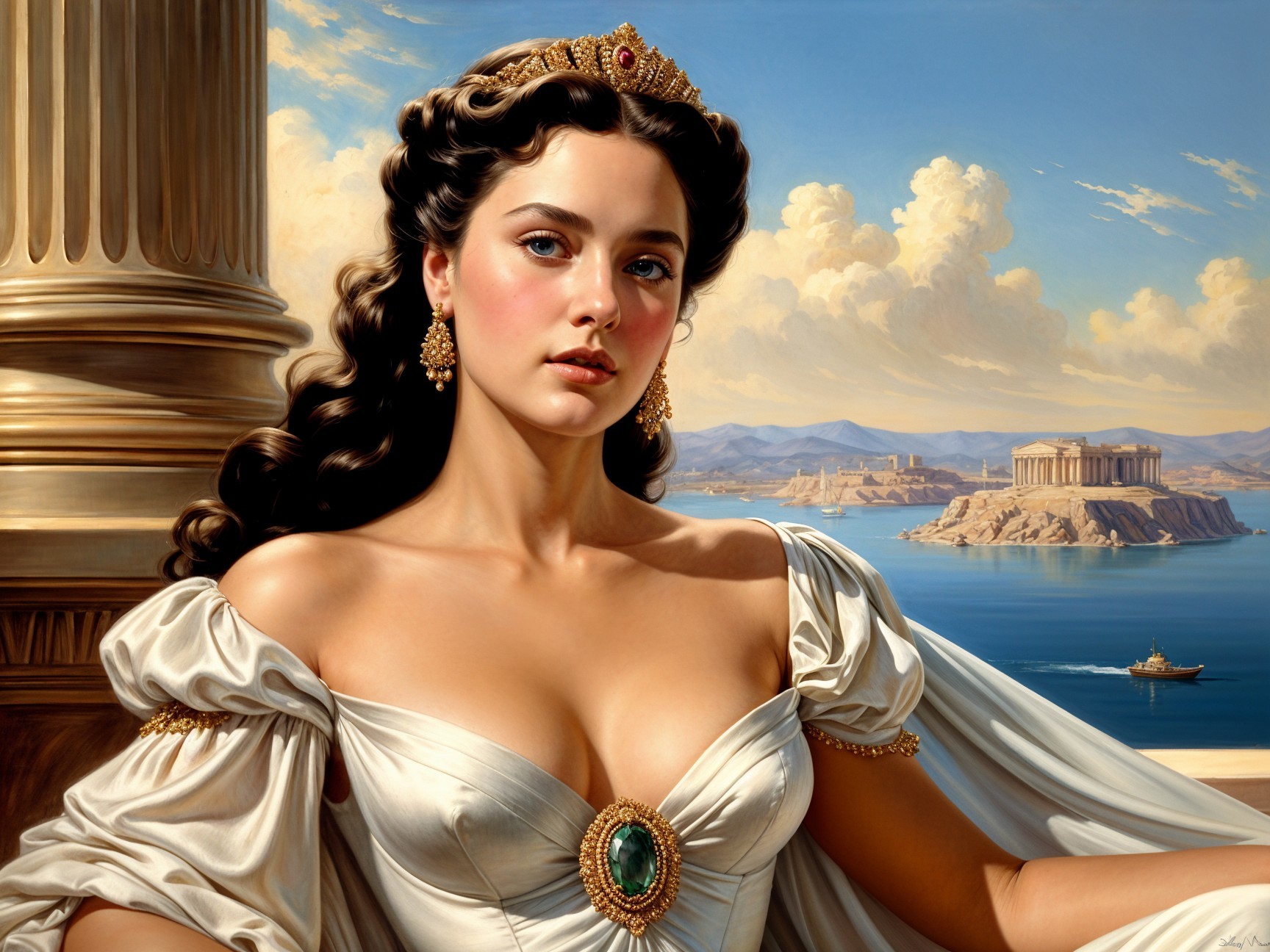 Regal Woman in Elegant Gown with Seascape Background