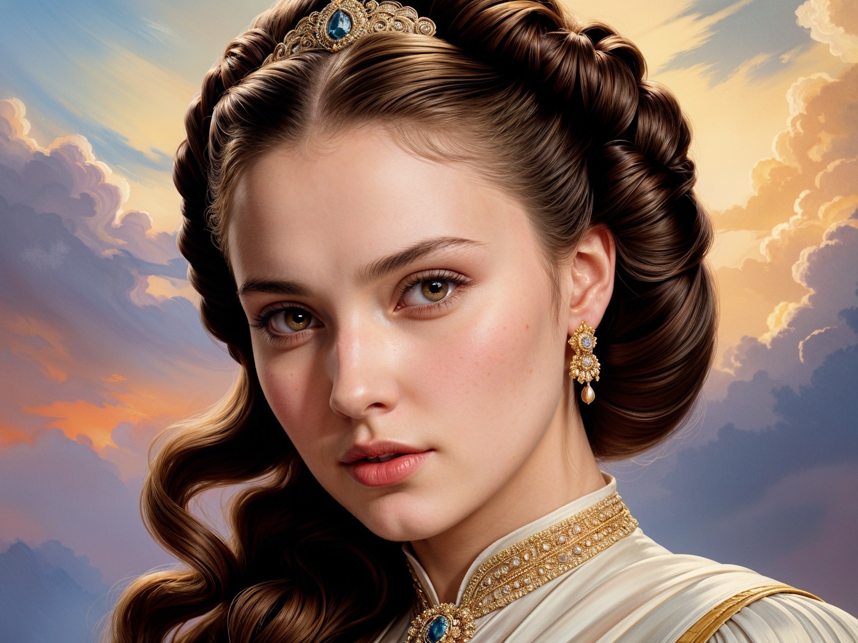 Elegant Young Woman in Detailed Gown and Tiara