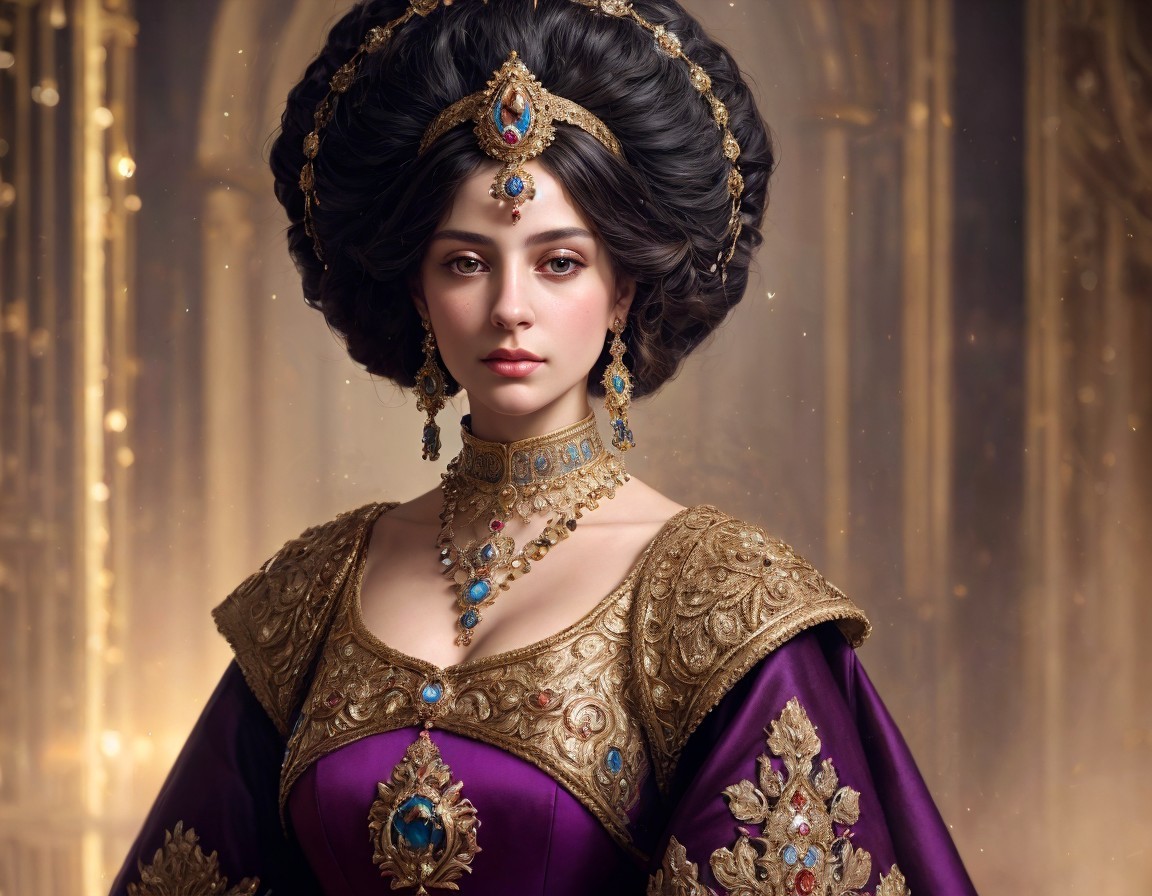 Regal figure in purple gown with gold detailing