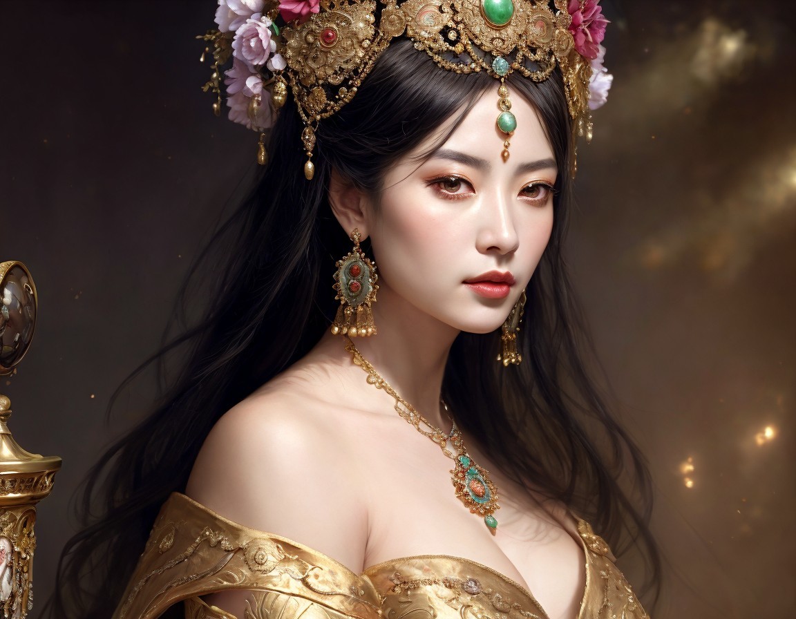 Elegant woman in luxurious gold attire and jewelry with striking makeup