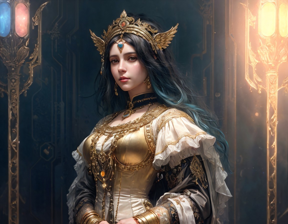 Regal figure in gold and white gown with crown