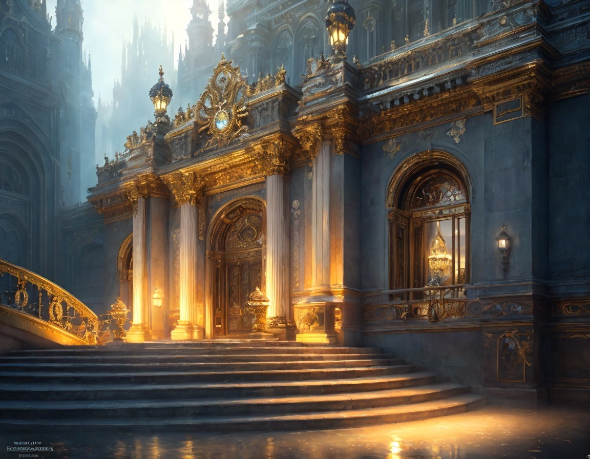 Baroque-Style Palace Interior with Golden Illumination