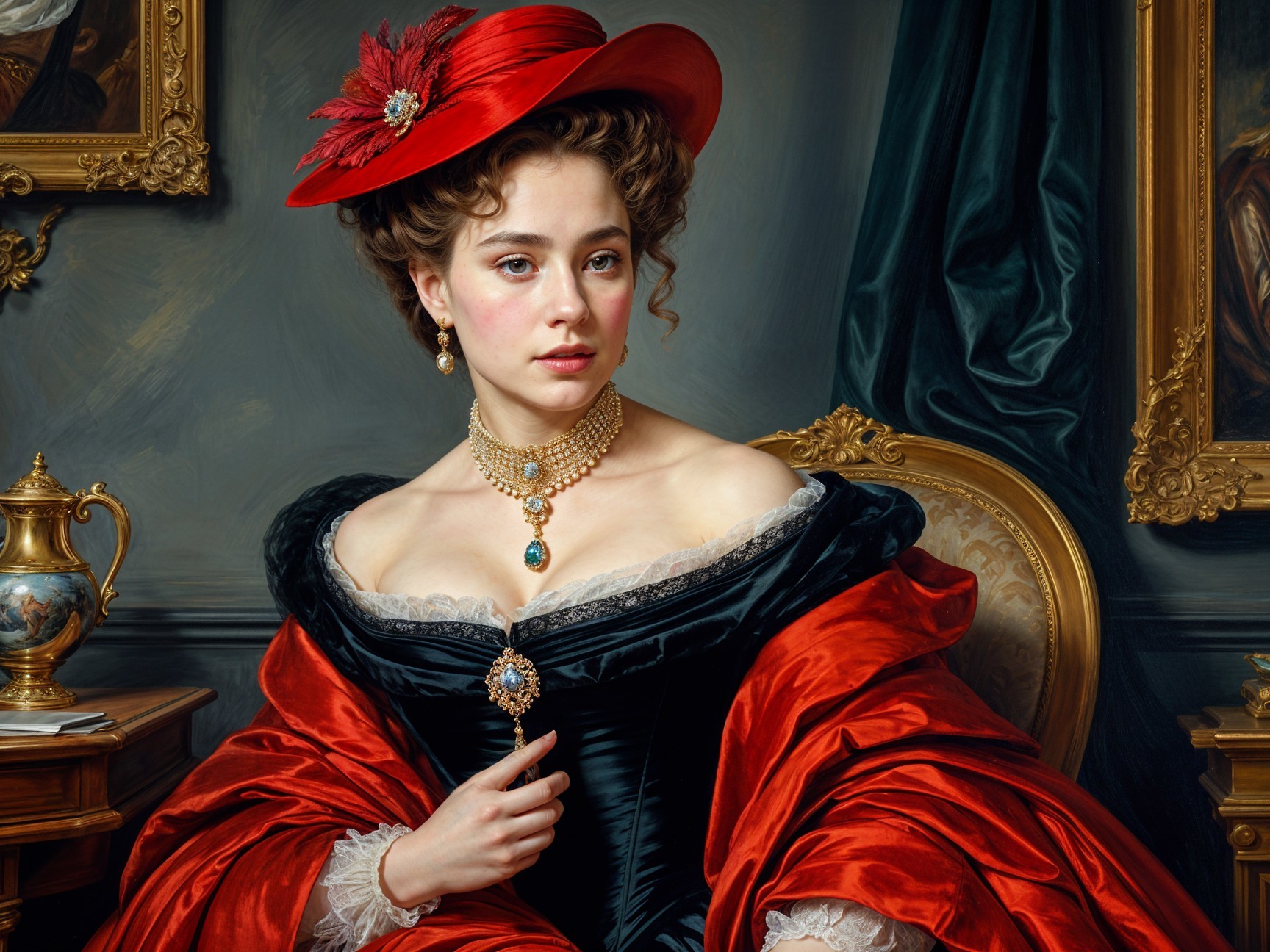 Elegant Woman in Black Gown with Red Accents