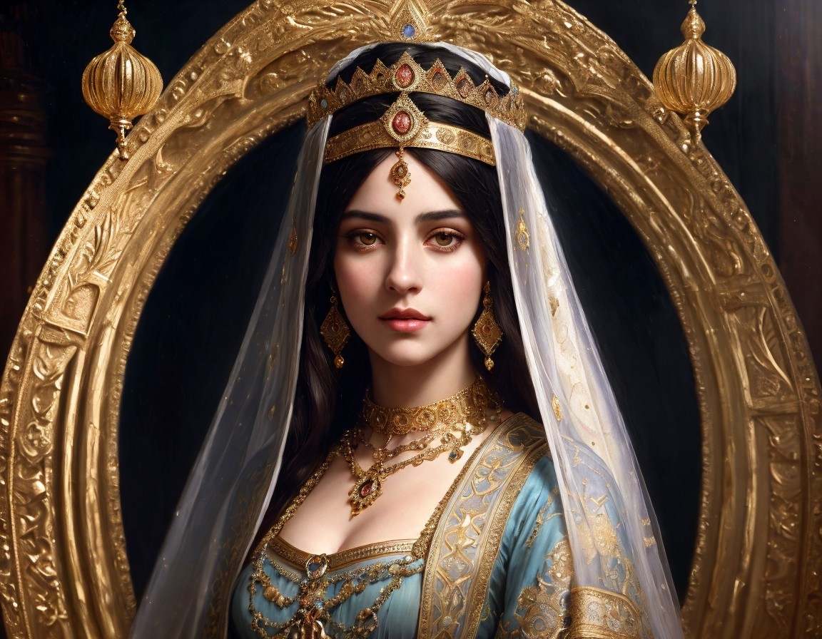 Regal Woman in Gold Jewelry and Elegant Gown