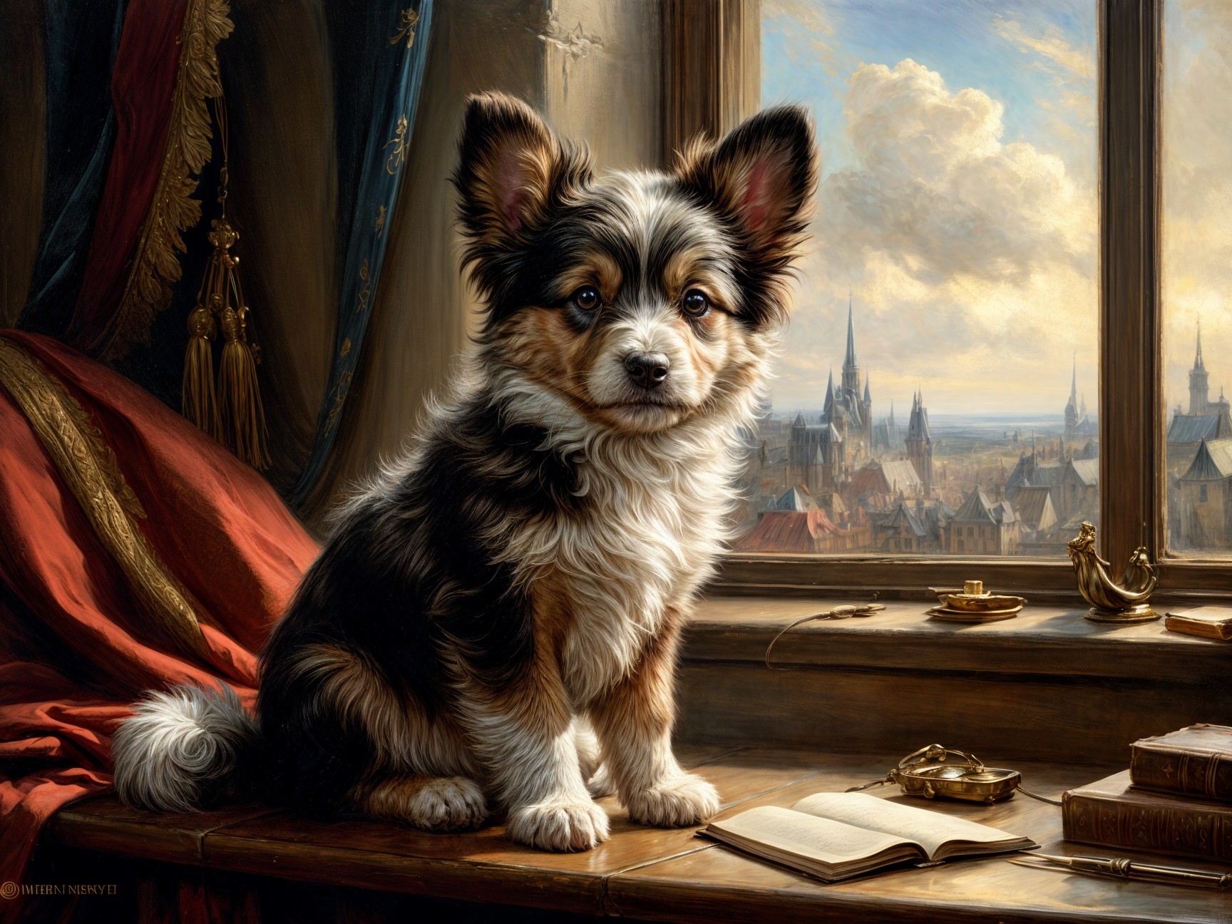 Fluffy Dog Observing Cityscape from Cozy Windowsill