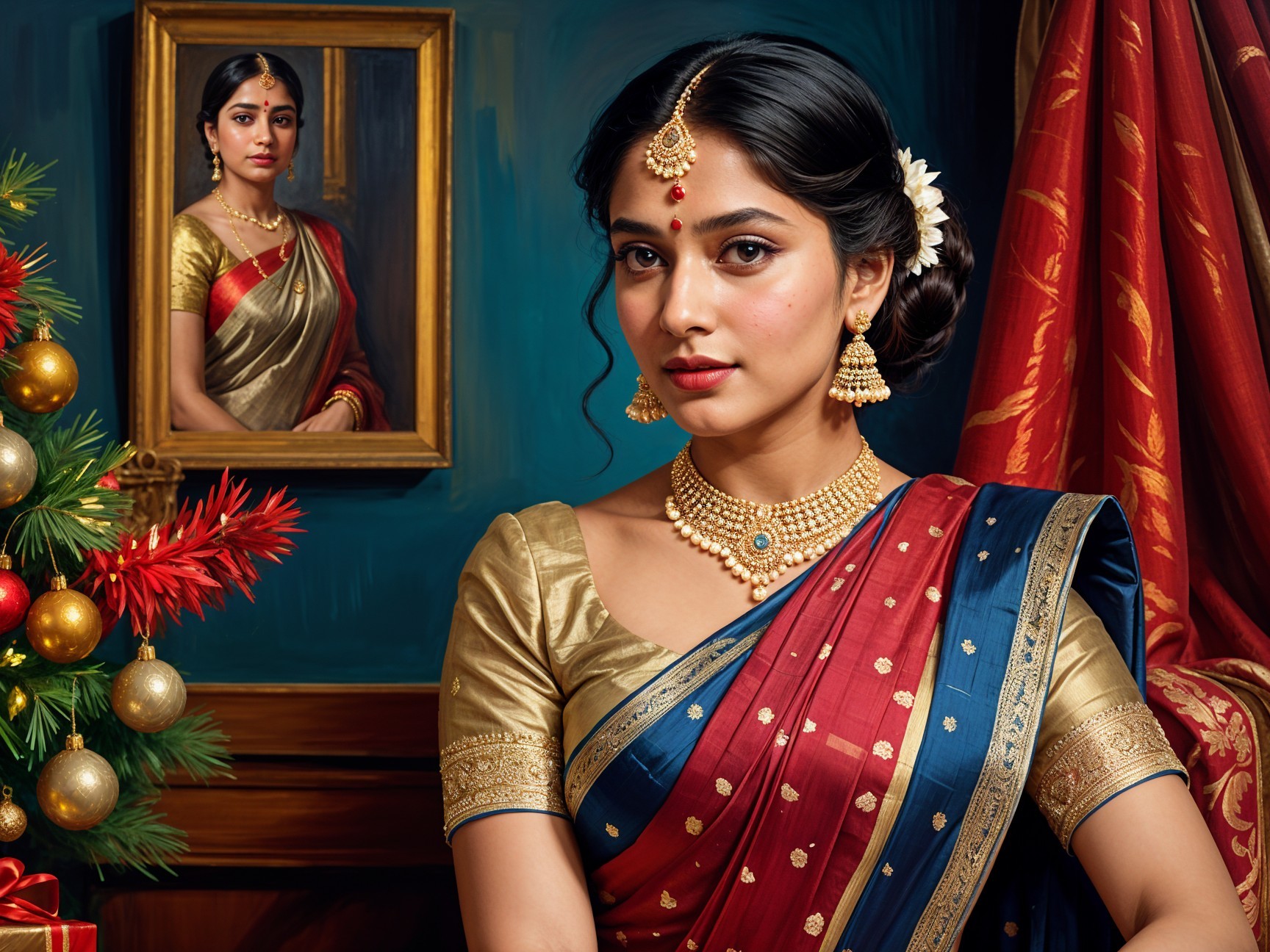 Woman in Red and Blue Saree with Traditional Jewelry