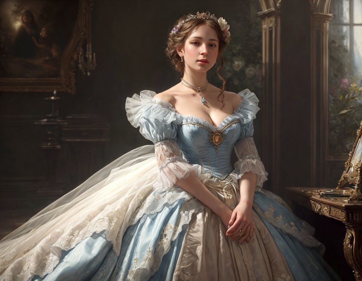 Elegant woman in blue and white period dress with tiara and necklace.