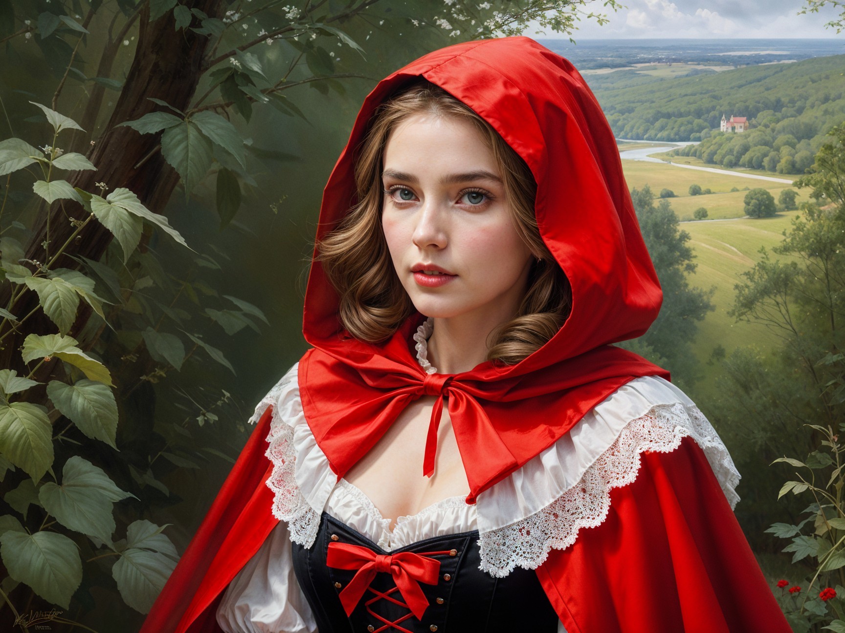 Young woman in red cloak amidst lush greenery