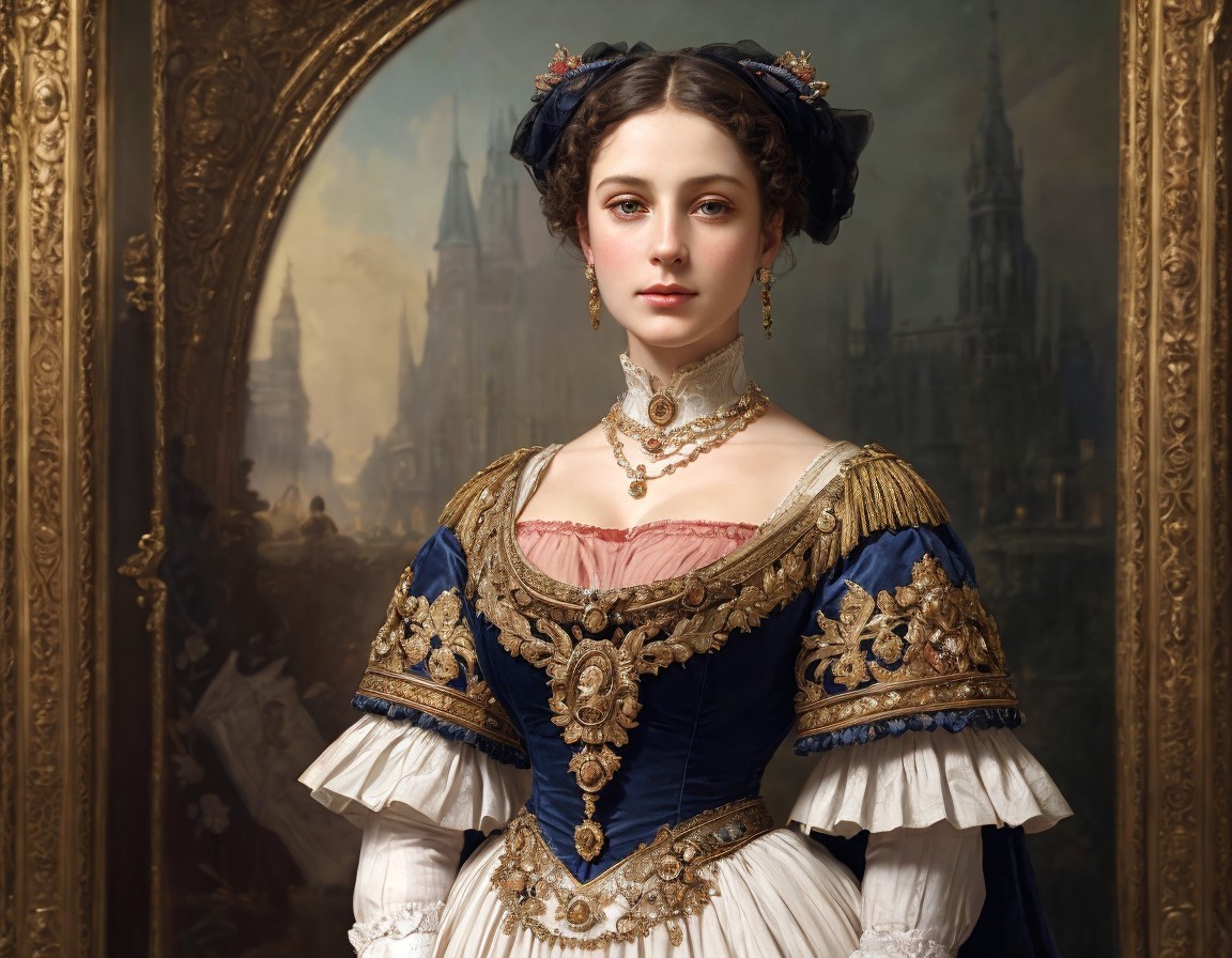 Young Woman in Lavish Historical Gown with Gothic Setting
