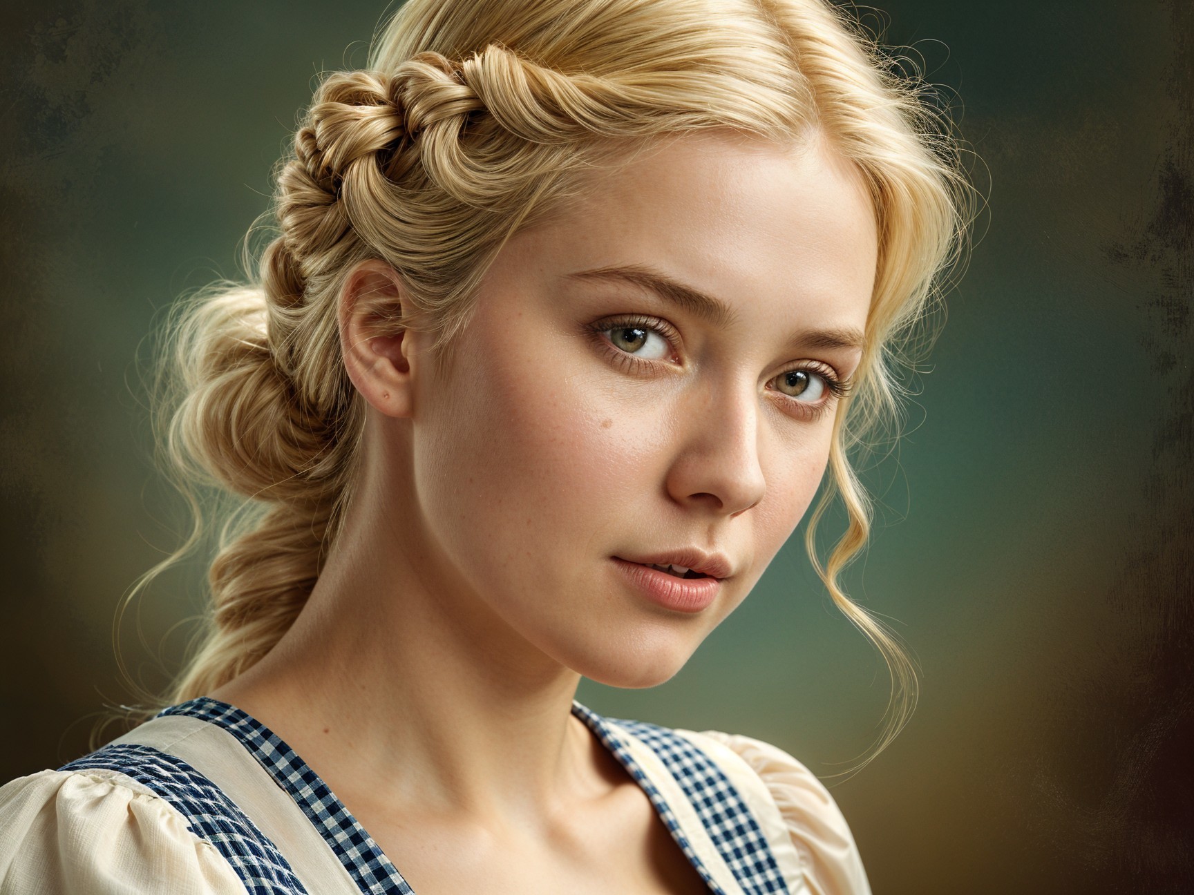 Young woman in blue and white checkered dress with braids