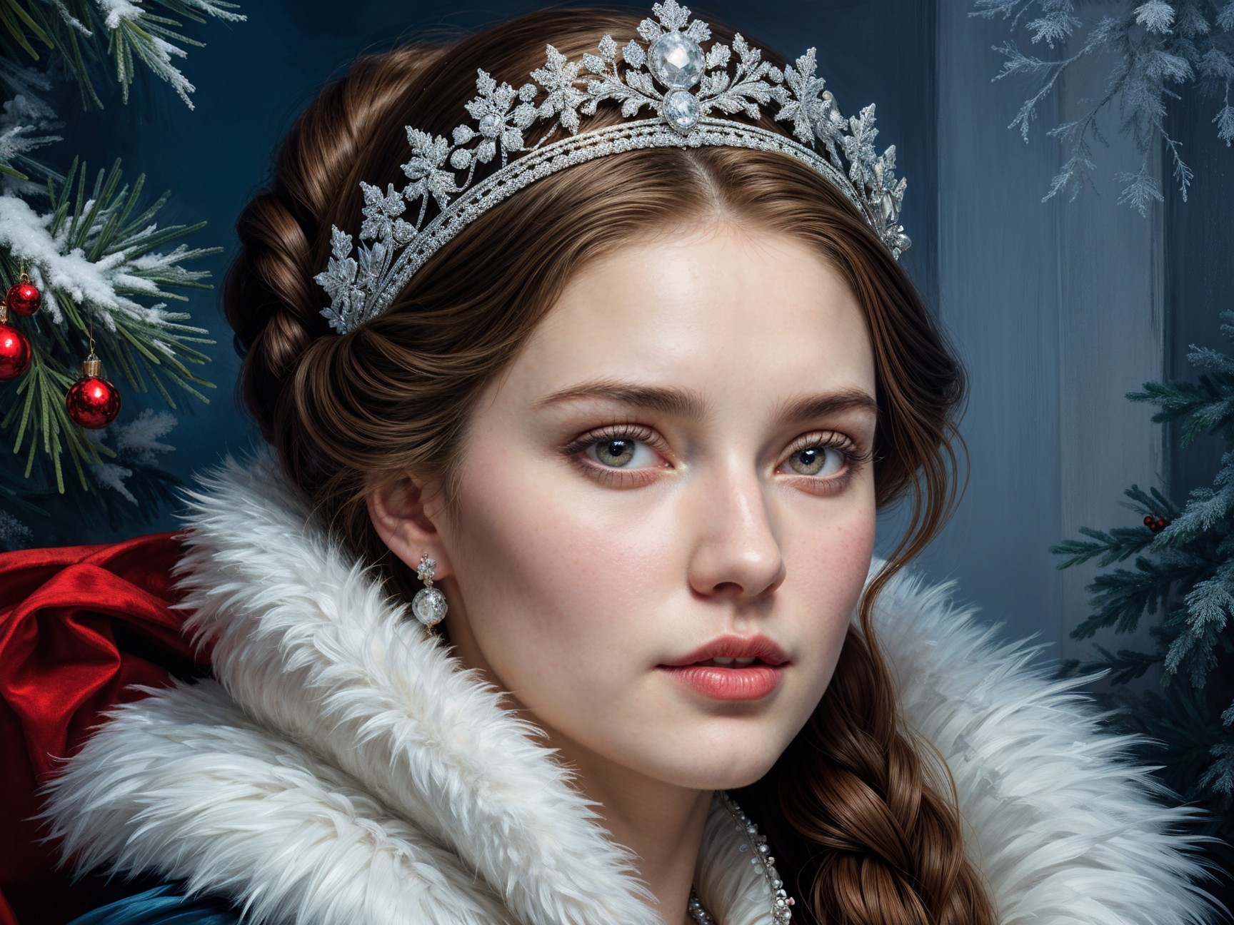 Young woman in fur cloak with winter backdrop