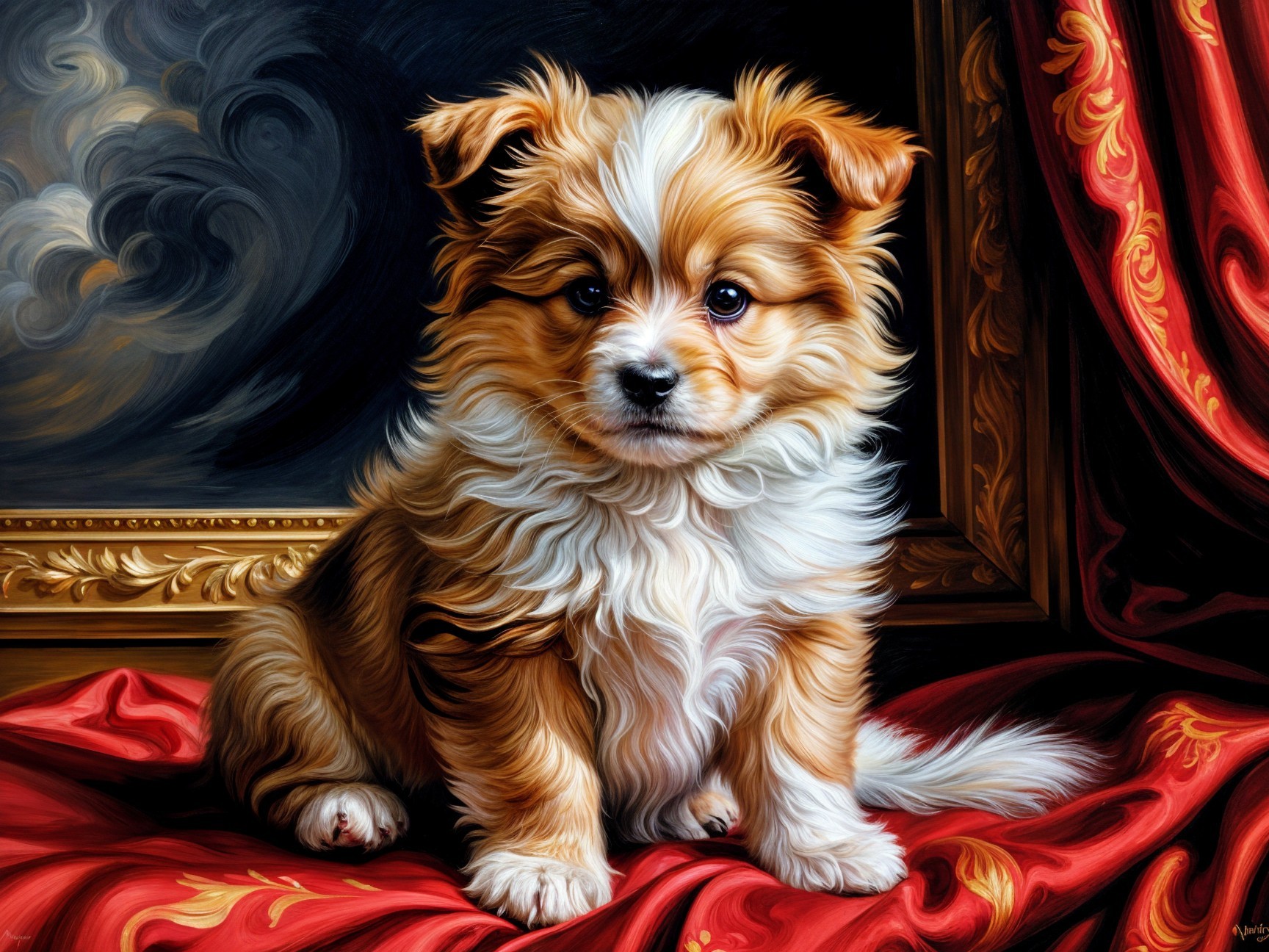 Fluffy Orange and White Puppy on Red Fabric