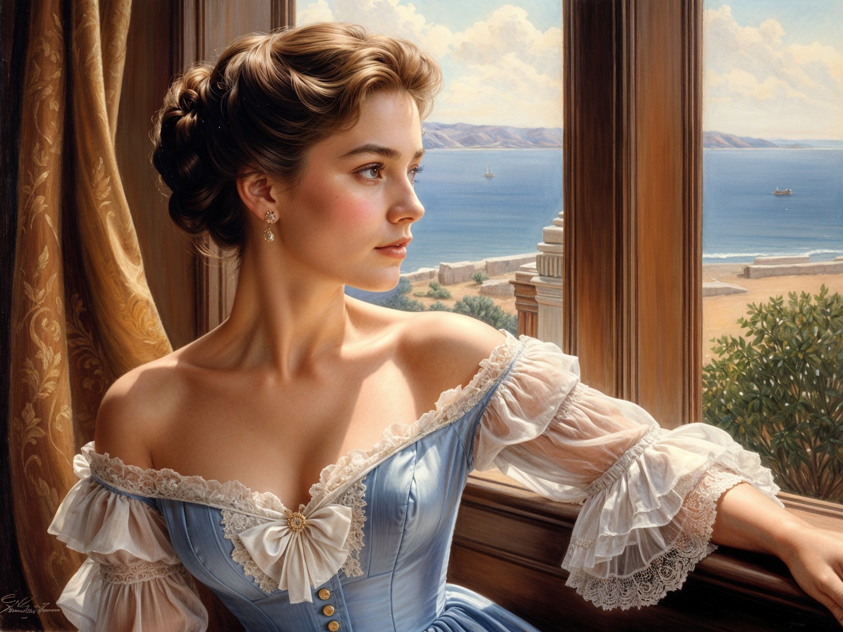 Young Woman in Vintage Gown by Coastal Window