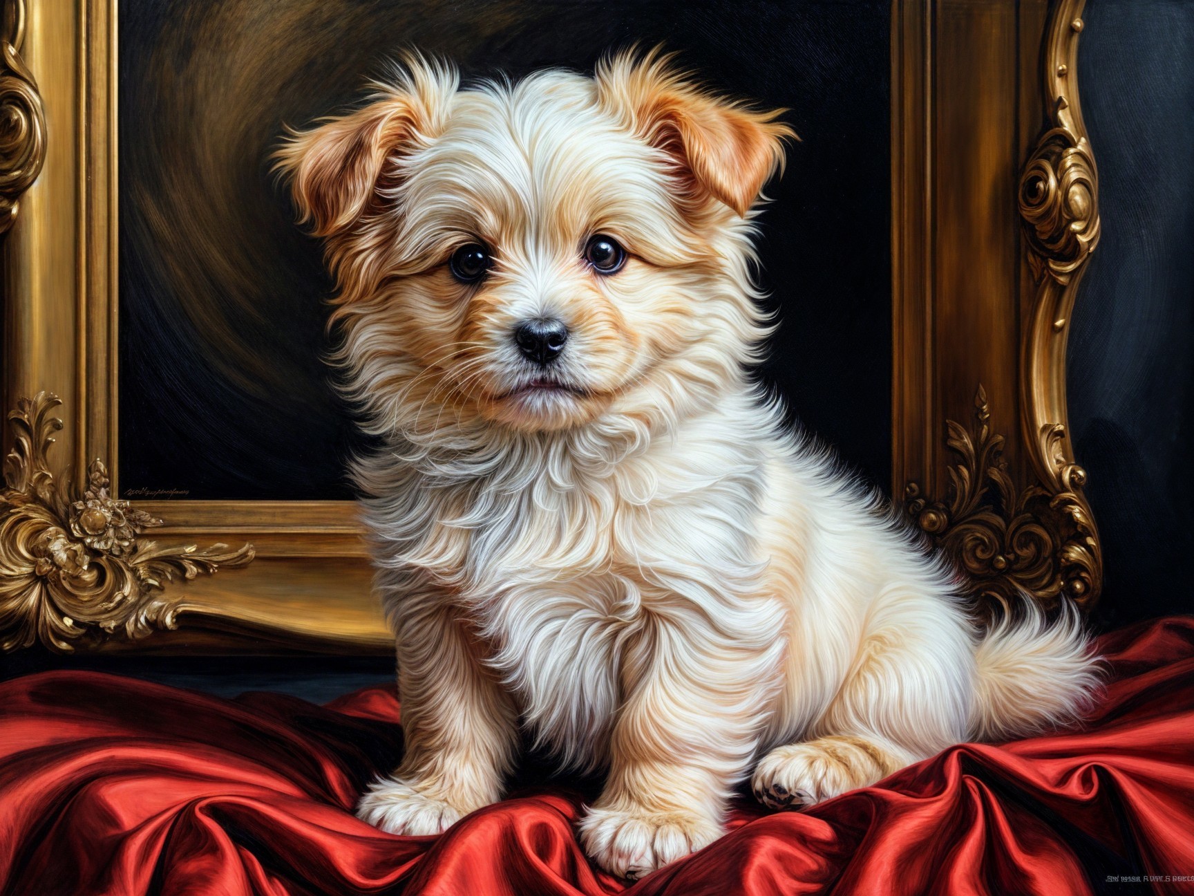Fluffy Puppy on Red Satin with Golden Frame