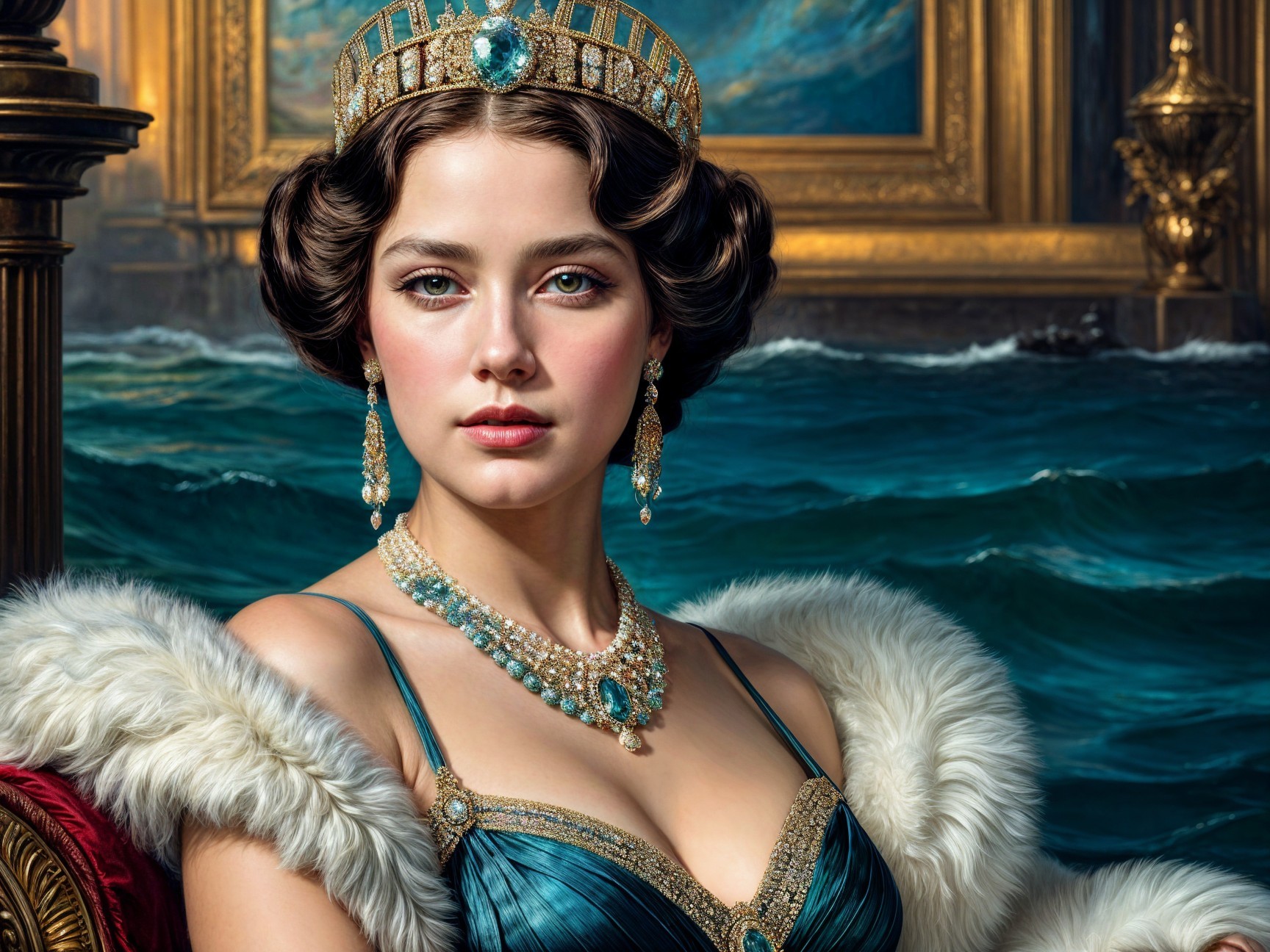 Elegant Young Woman in Luxurious Gown by Ocean Waves