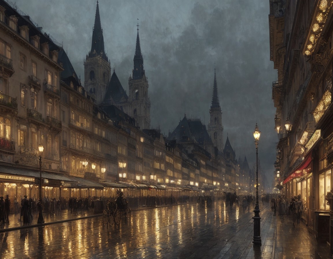 Wet cobblestone street with umbrellas, street lamps, and Gothic spires