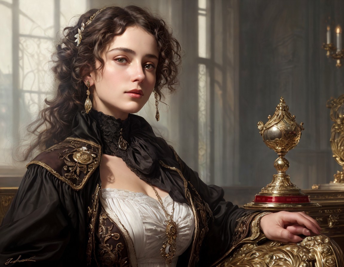 Young Woman in Ornate Historical Setting with Lace Garment