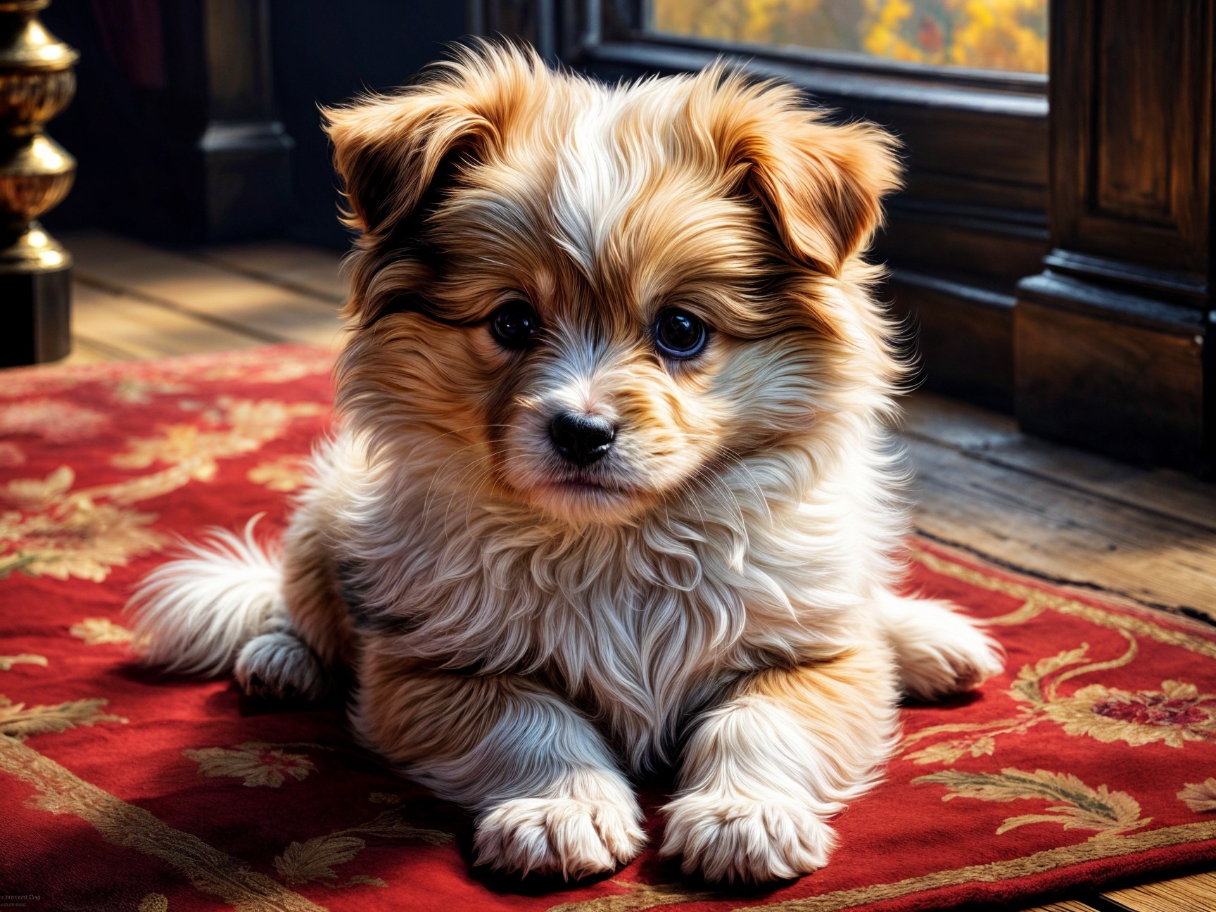 Fluffy Golden-Brown Puppy on Red Rug in Cozy Room