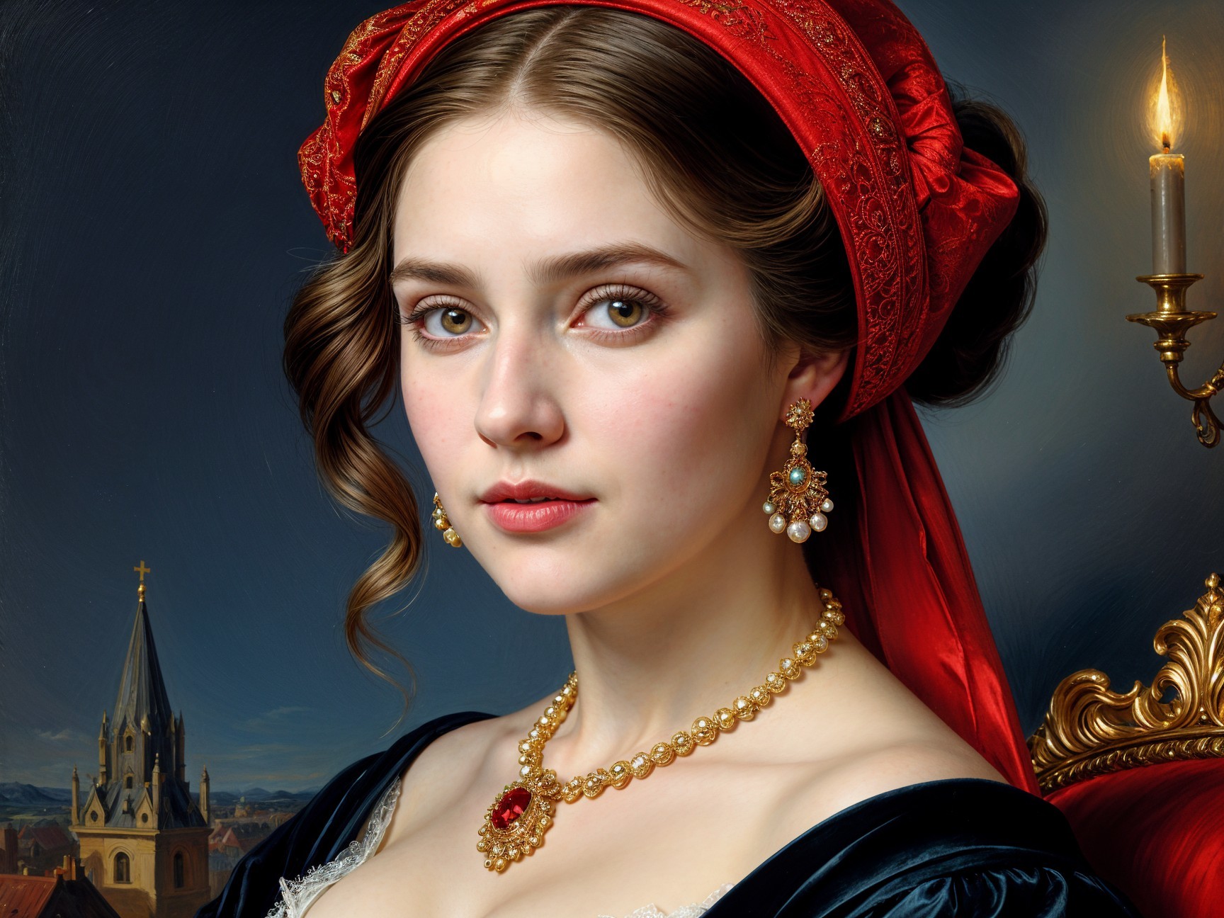 Elegant Woman in Black Gown with Red Headscarf