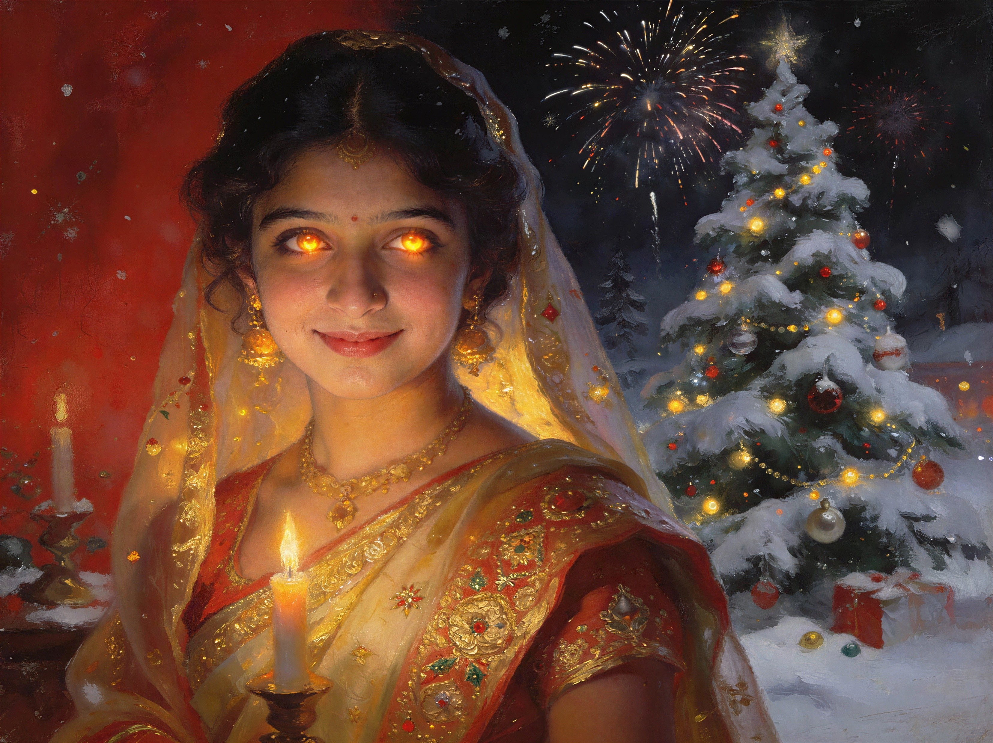 Indian Woman in Sari with Candle by Christmas Tree
