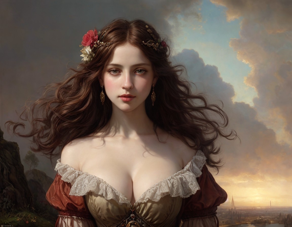 Portrait of a woman in period dress with floral headpiece