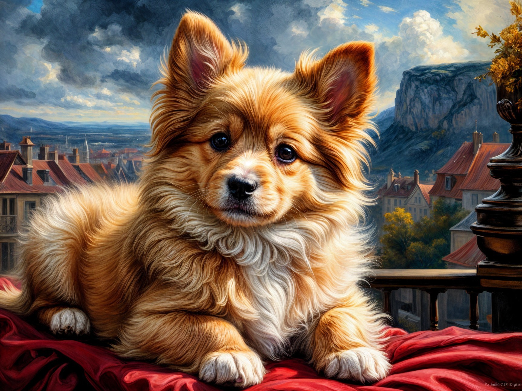 Golden Dog on Red Velvet with Scenic Background