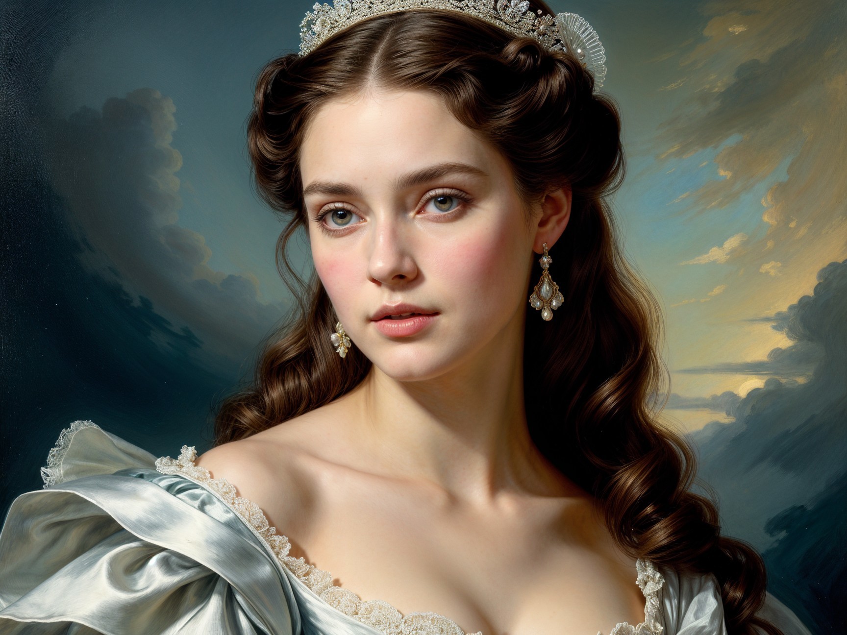 Young woman in pale blue gown with dramatic sky backdrop