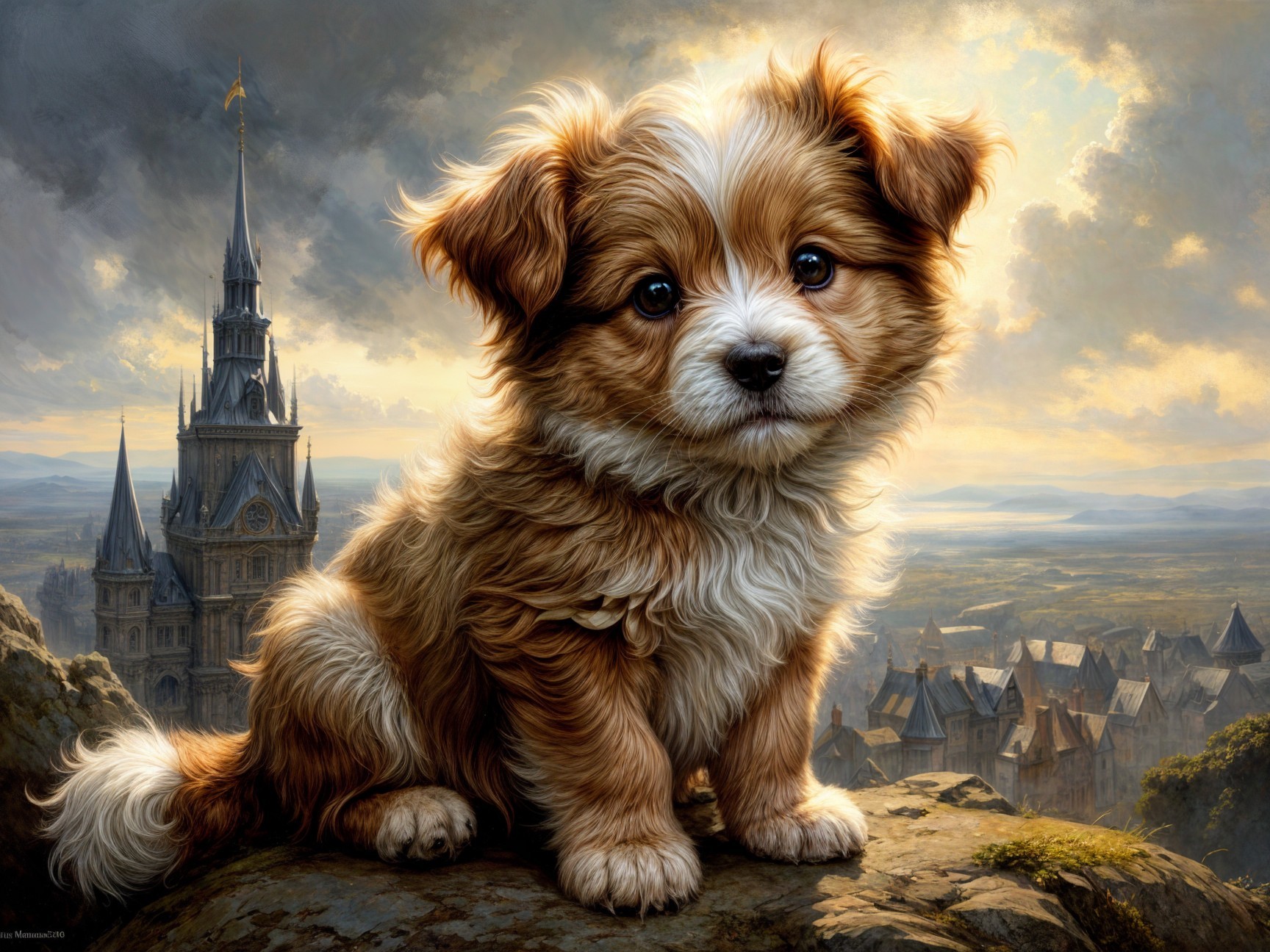 Fluffy Puppy on Rocky Ledge with Castle Background