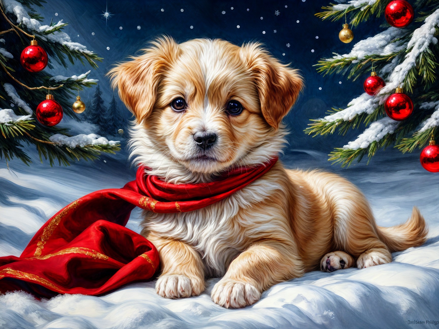 Fluffy Puppy in Snowy Christmas Landscape with Trees
