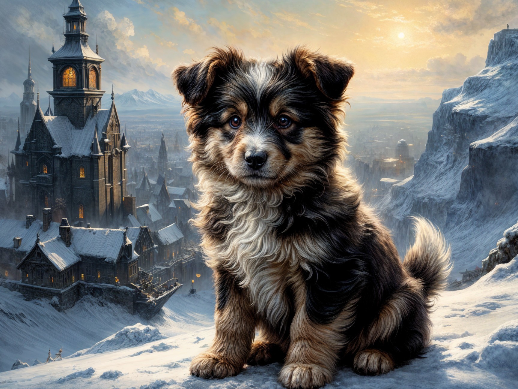Fluffy Puppy on Snowy Ledge with Castle Background